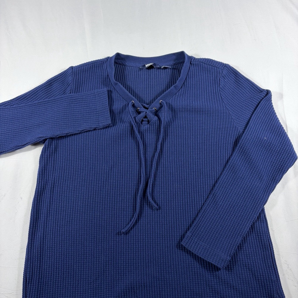Lands' End Womens L Blue Waffle Knit Lace Up Long Sleeve Tunic Top Cotton